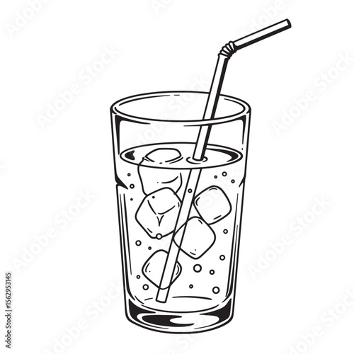 Refreshing summer drink with ice cubes and straw in a tall glass monochrome vector illustration