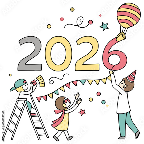 Festive figures assemble the new year celebration 2026