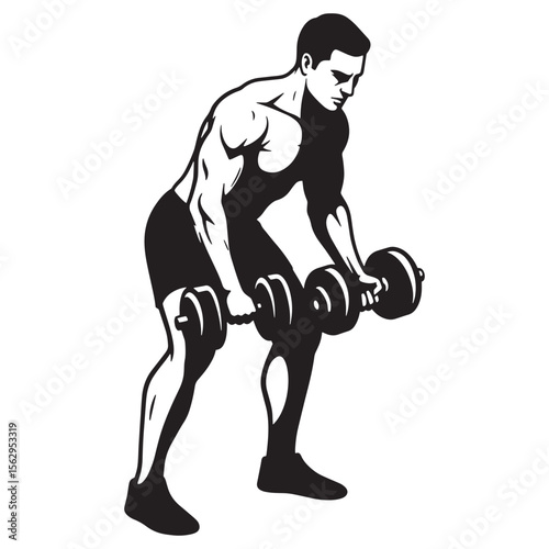 Silhouette illustration of a muscular man performing dumbbell exercises in a black and white design