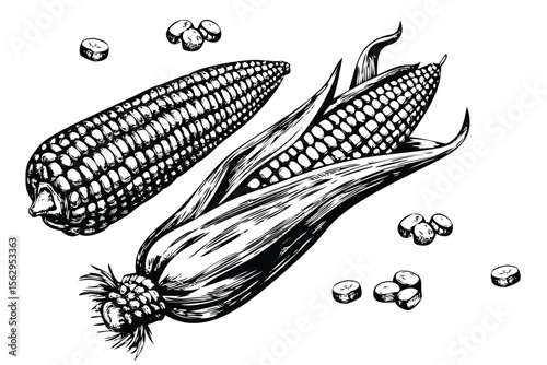 Corn on the Cob Vector Engraving Set. Detailed Monochrome Botanical Illustrations of Maize. Vintage Stipple & Hatching Style Icons & Symbols
