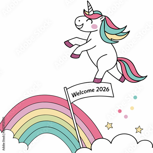 Cheerful unicorn jumping over pastel rainbow with welcome flag 2026