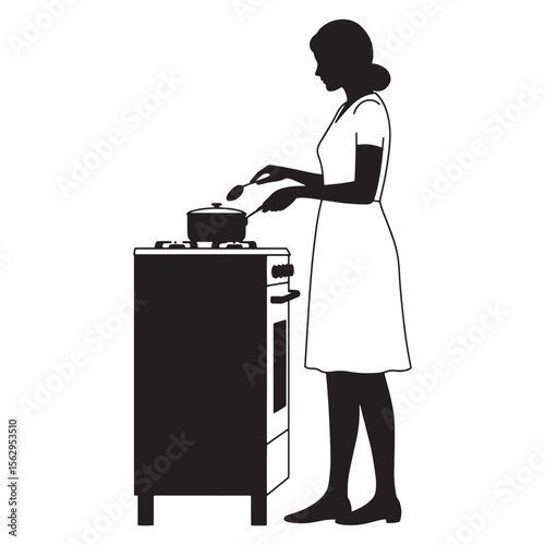 Silhouette of a woman cooking on a stove stirring contents of a pot with a spoon