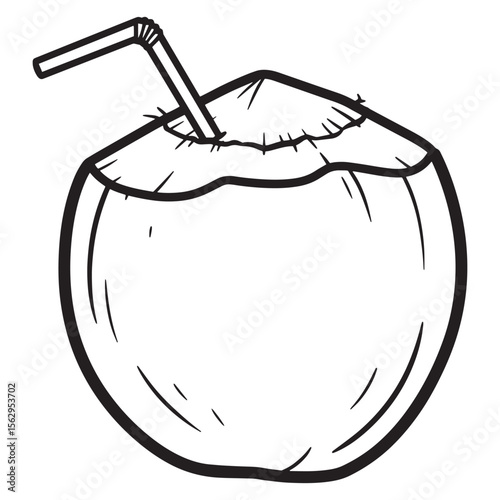 Simple black and white hand drawn illustration of a fresh coconut with a drinking straw