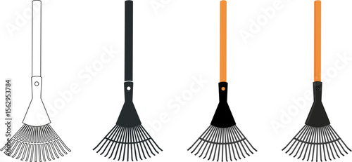 Leaf rake icon set. Lawn rake.  Garden tool for autumn leaves. Cartoon vector illustrations