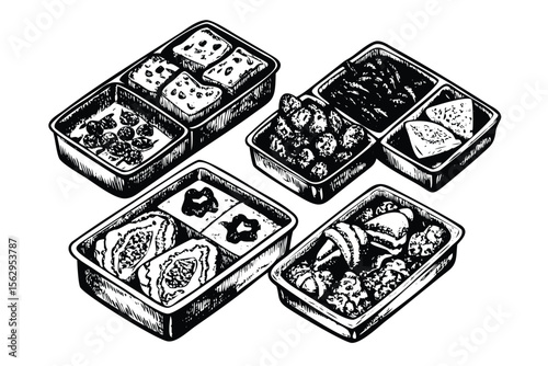 Japanese Bento Box Vector Engraving Set. Detailed Monochrome Culinary Illustrations. Vintage Stipple & Hatching Style Icons & Symbols
