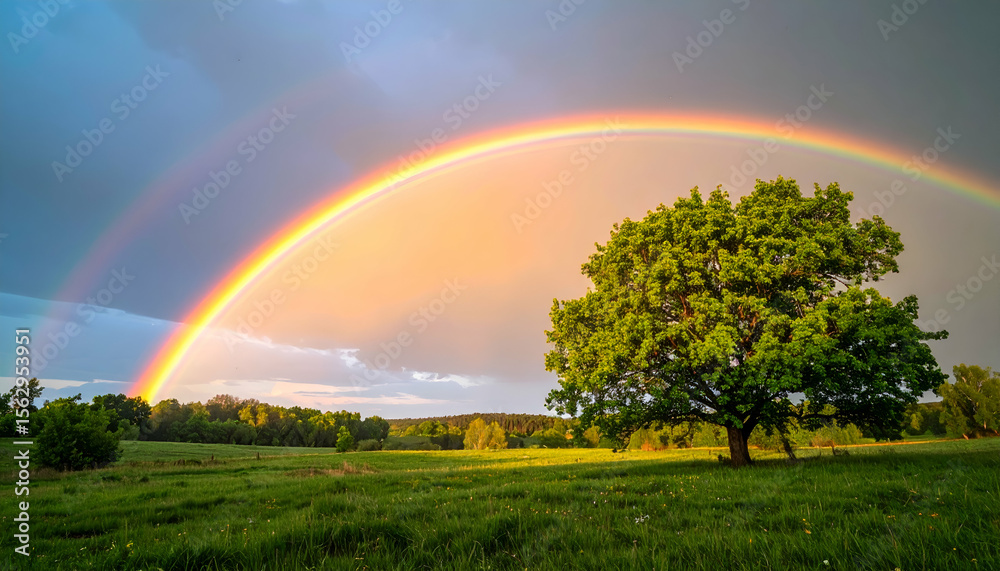 Naklejka premium A vibrant rainbow arcs over a lush green landscape with a solitary tree.