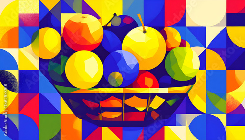 A vibrant geometric illustration of a fruit basket filled with colorful fruits.