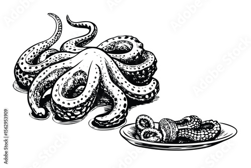 Boiled Octopus Vector Engraving Set. Detailed Monochrome Seafood Illustrations. Vintage Stipple & Hatching Style Icons & Symbols