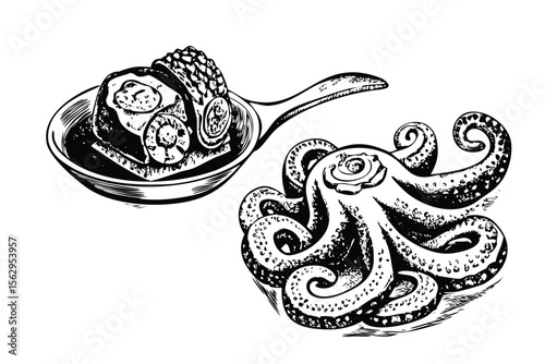 Boiled Octopus Vector Engraving Set. Detailed Monochrome Seafood Illustrations. Vintage Stipple & Hatching Style Icons & Symbols