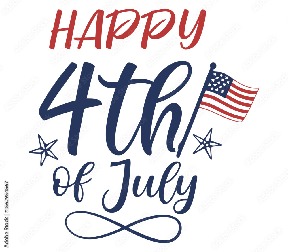 Fototapeta premium 4th of July greeting card with brush stroke background in United States national flag colors and hand lettering text Happy Independence Day. Vector illustration.