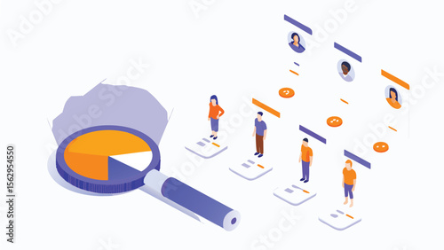 Isometric illustration of data analysis with pie chart magnifying glass and people icons shown