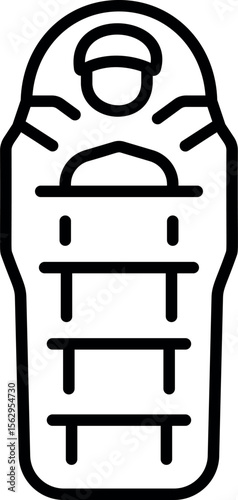 A linear style icon showing a camping sleeping bag 