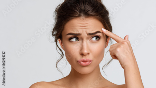 Young woman with wrinkles on forehead pointing at skin, showing concern and thoughtful expression