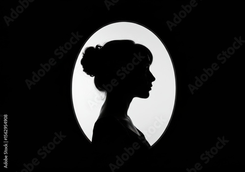 Silhouette of a woman in profile framed by an oval cameo against a dark background
