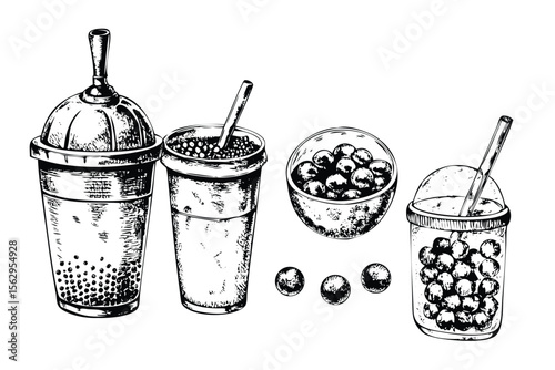 Bubble Tea Vector Engraving Set. Detailed Monochrome Beverage Illustrations. Vintage Stipple & Hatching Style Icons & Symbols