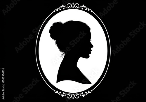 A womans silhouette is framed in an ornate oval cameo, isolated on black background