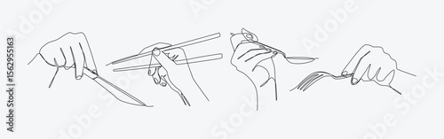 set of one line drawing of hands holding cutlery. Spoon, fork, chopsticks and table knife. Editable line. Vector illustration