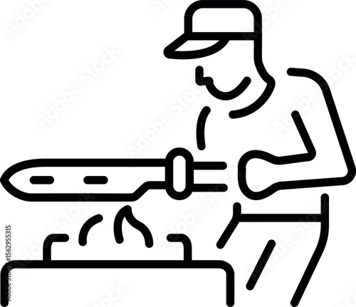 Line icon showing a character using knife sharpening machine 
