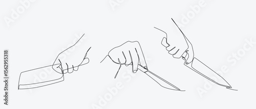 set of one line drawing of hands holding different knives. Editable line. Vector illustration