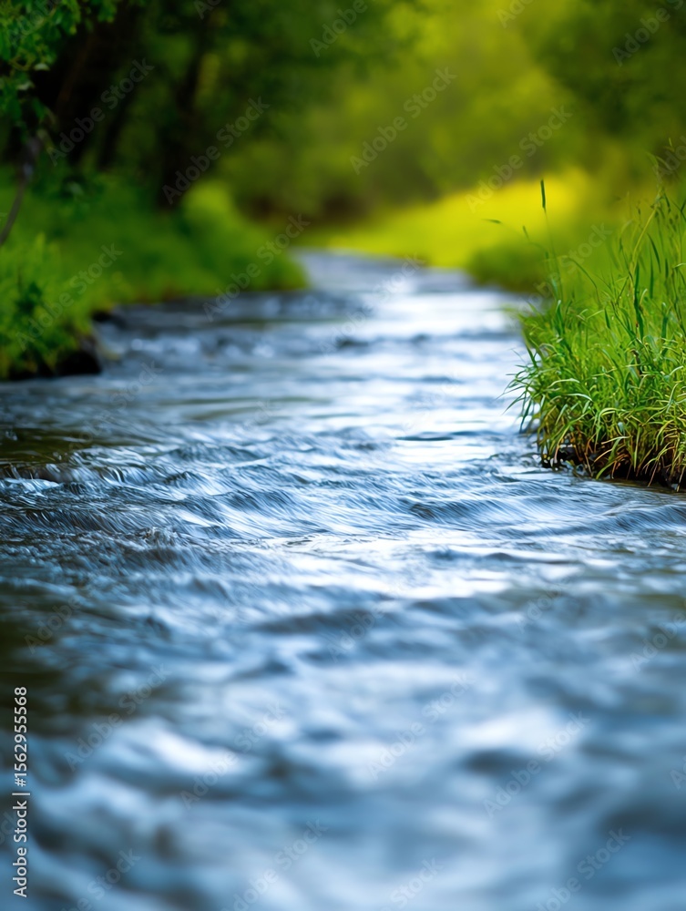 Fototapeta premium Serene stream flowing beside peaceful trail, tranquil digital nature artwork with soft water textures