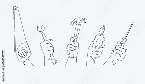 Set continuous one line drawing of hands holding working tools. Editable line. Vector illustration.