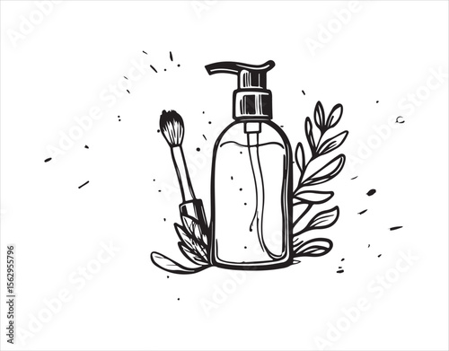 hand-drawn cream bottle with a dispenser, highlighting a beauty cosmetic aspect related to self-care. This illustration is placed on a watercolor pastel backdrop with colorful paint splatters.