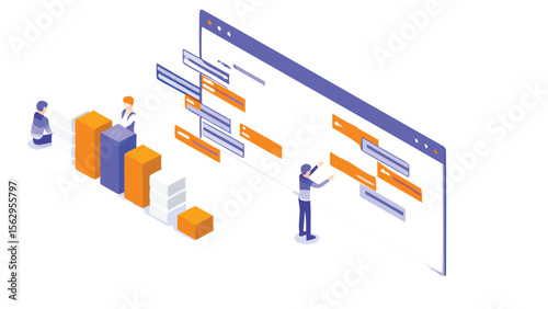 Isometric illustration showing people interacting with a website and bar chart data set up