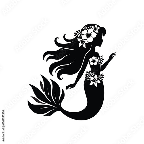 Mermaid with Floral Tail and Draped Fabric | Elegant Vector Illustration Featuring Decorative Flowers and Flowing Garments, Perfect for Fantasy and Nature-Themed Designs.