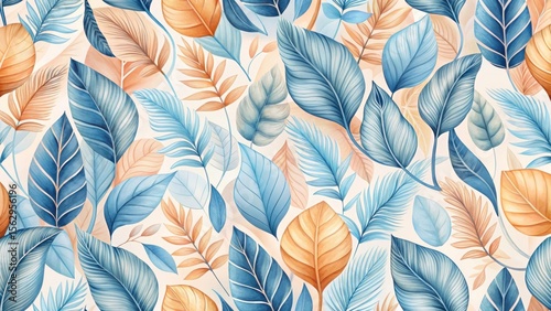 Serene Watercolor Botanical Design Featuring an Array of Blue and Orange Leaves in a Seamless Pattern