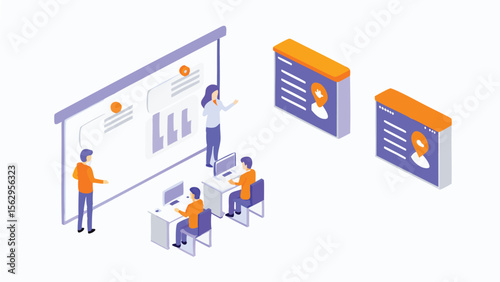 Isometric view of a classroom with a teacher presenting and students working at computers in a learning space