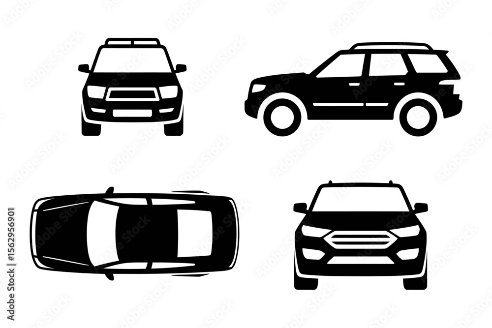 Obraz premium SUV and Car Icon Set Front, Side, Top Views - Vector Illustrations