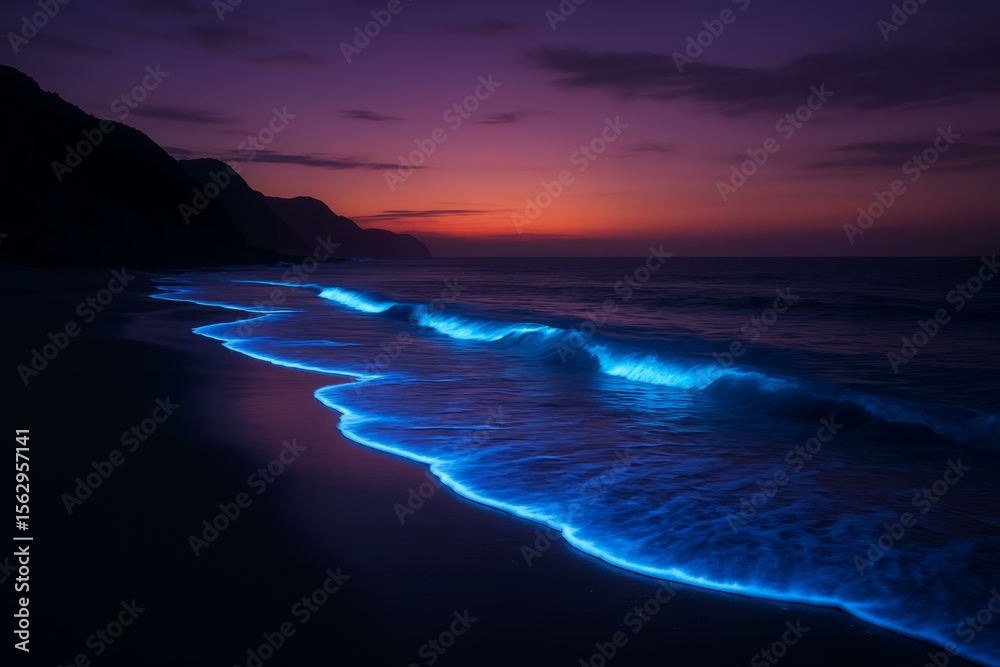 Fototapeta premium Bioluminescent waves glow along the shoreline at dusk, creating a magical and serene atmosphere against fading twilight