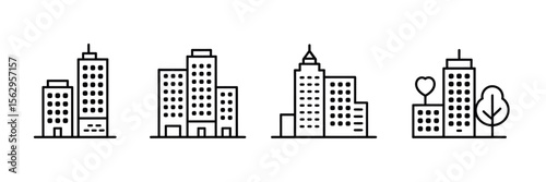 Modern Cityscape Architectural Line Icons of Skyscrapers and Buildings
