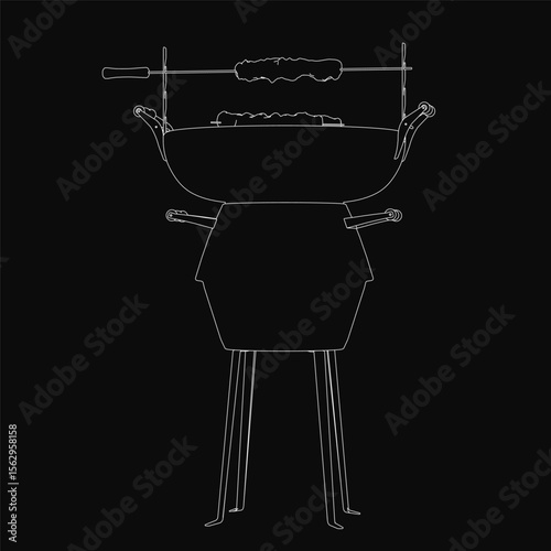 Black and white sketch-style barbecue grill on a dark background, featuring a handle on one side and a slightly open lid revealing the interior. The illustration has clean lines and a minimalist.