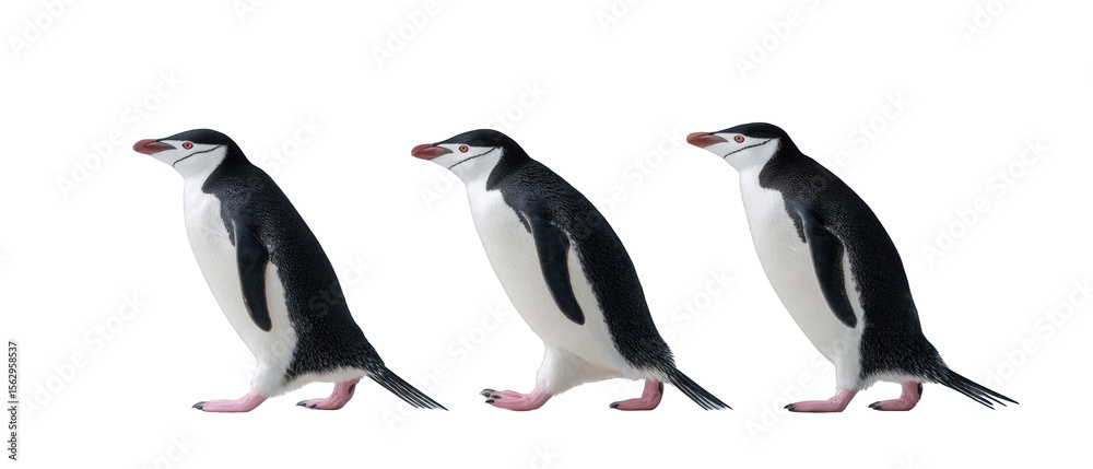 Naklejka premium Three penguins walking in a row against a plain background, showcasing their unique movement