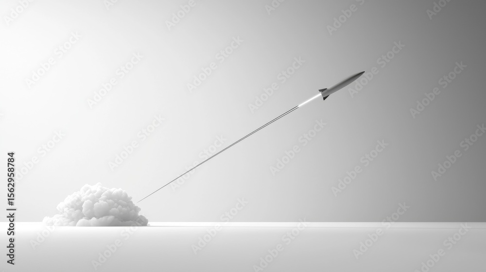 Rocket launches into the sky from a cloud, showcasing innovation and ambition in a minimalist setting Rocket launches into the sky from a cloud, showcasing innovation and ambition in a minimalist setting