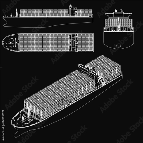 A detailed blueprint of a large container ship with visible hull, deck, and structural components, set against a black background for high contrast. The technical illustration highlights cargo ship.