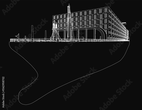 A massive cargo ship with a towering building on its deck, drawn in bold black and white lines against a dark, moody background. The intricate details highlight the ship's industrial structure