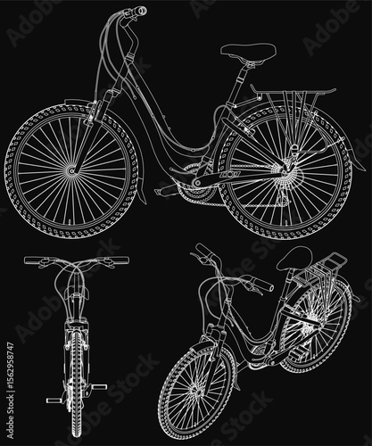 Three detailed black and white bicycles with unique designs stand out against a stark black background. The clean white outlines highlight the intricate frames and wheels, creating a striking.