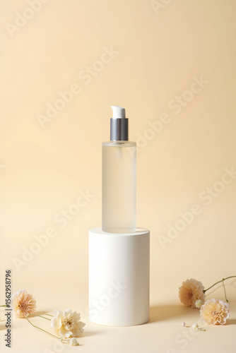 A bottle of perfume beautifully showcased with a delicate flower