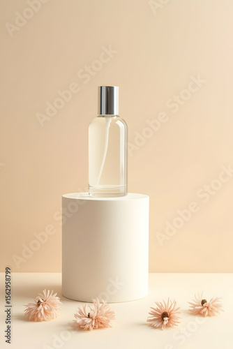 A delicate perfume bottle, some adorned with a flower