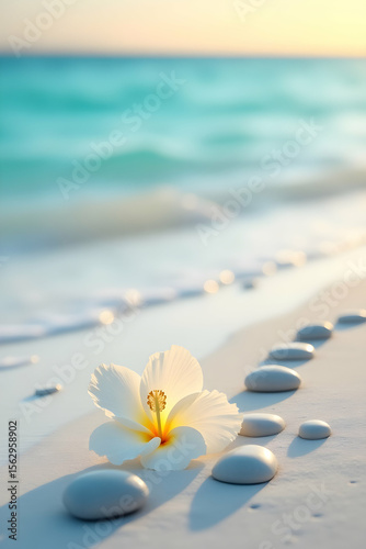 Tropical frangipani blossoms on the beach evoke natural beauty and summer tranquility