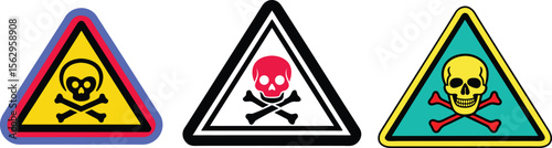 Warning sign featuring skull and crossbones within a yellow hazard triangle shape icon set.