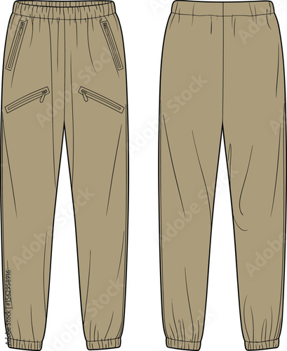 Technical Flat Fashion Sketch of Unisex Elastic Waist Jogger Pants, Front and Back Views, Apparel Template, Casual Streetwear Style, Modern Urban Design, Outline for Digital Art.