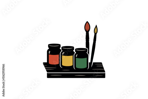 Colorful Paint Jars and Brushes on Wooden Table Color vector on white background.01