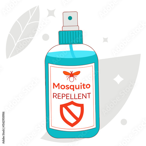 A bottle of mosquito repellent spray with a label featuring an insect symbol and a shield indicating protection against pests designed for outdoor use