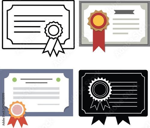 Colorful illustration of formal certificate set with seal and ribbon on a simple. certificate, diploma, award, achievement.