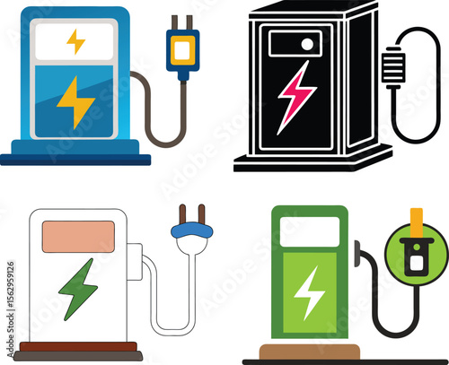 Clean illustration of an electric vehicle charging station icon set with power plug attached.