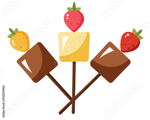 Cartoon illustration of marshmallow and chocolate dipped skewers with strawberries.