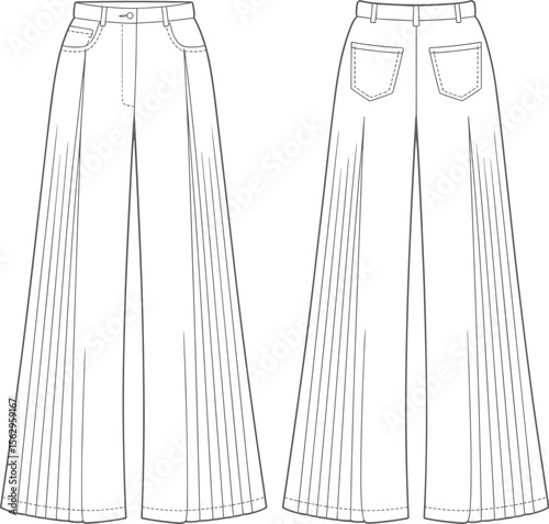  Women's Pleated Wide Leg Trousers Technical Flat Sketch, Front and Back Views, Fashion Apparel Template, High Waisted Design, Classic Style, Outline for Digital Art.